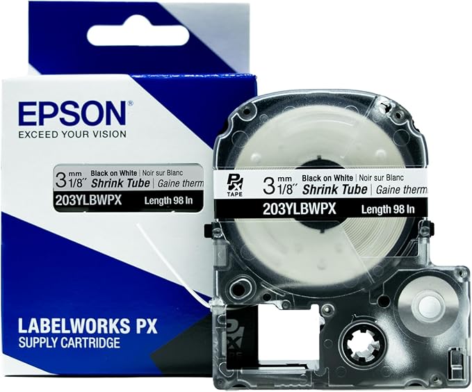 Epson LABELWORKS 203YLBWPX Genuine Tape Cartridge - Black on White Shrink Tube Industrial Label Maker Tape - AWG 16-22, 1/8" (3MM) Wide, 8 ft (98")