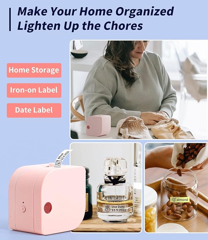 Phomemo Label Maker Machine with Tape, P12 Portable Bluetooth Label Maker Thermal Mini Label Printer with Multiple Templates for Home, Office, Kitchen, Storage, Organizing, Pink