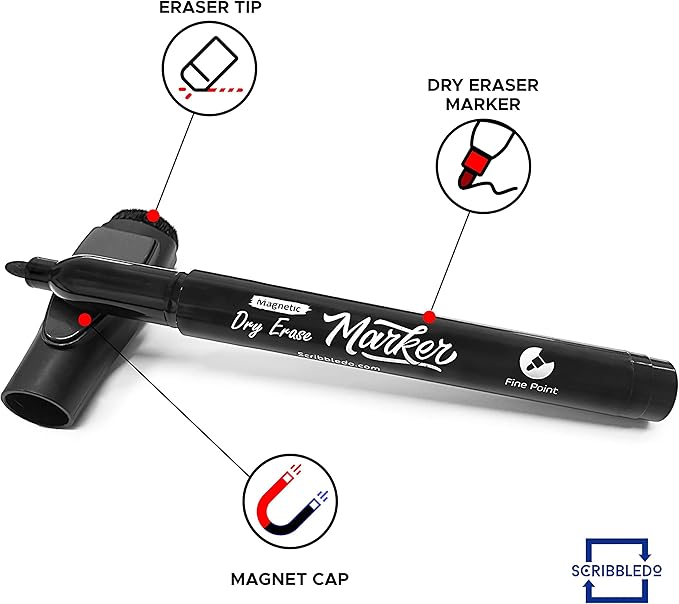Scribbledo Magnetic Dry Erase Markers Fine Tip Black Color Low Odor Whiteboard Markers with Eraser Cap Thin Skinny White Board Markers for Adults Students Teachers Kids Art Home & School (4 Pack)