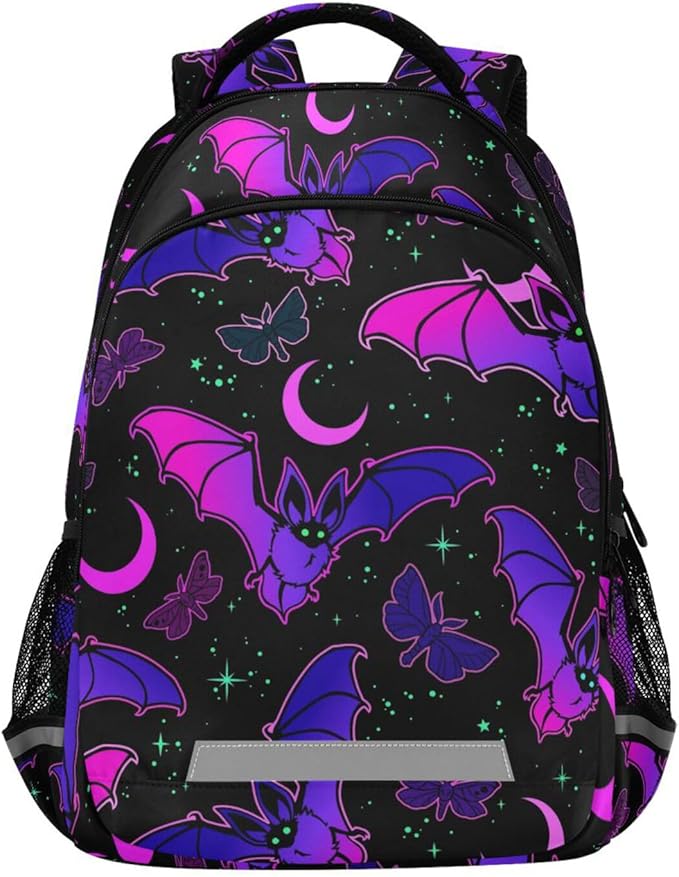 Bat Backpack for Students Boys Girls Purple Bat Gothic School Bag Travel Daypack Rucksack