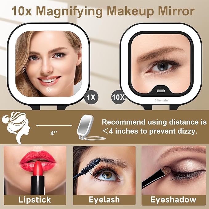 Mocado Compact Travel Makeup Mirror, 1X/10X Magnifying Mirror with Light, Double Sides Compact Mirror with 3 Color Light, Dimmable Handheld Mirror, Rechargeable Travel for Purse,Pocket(Black)