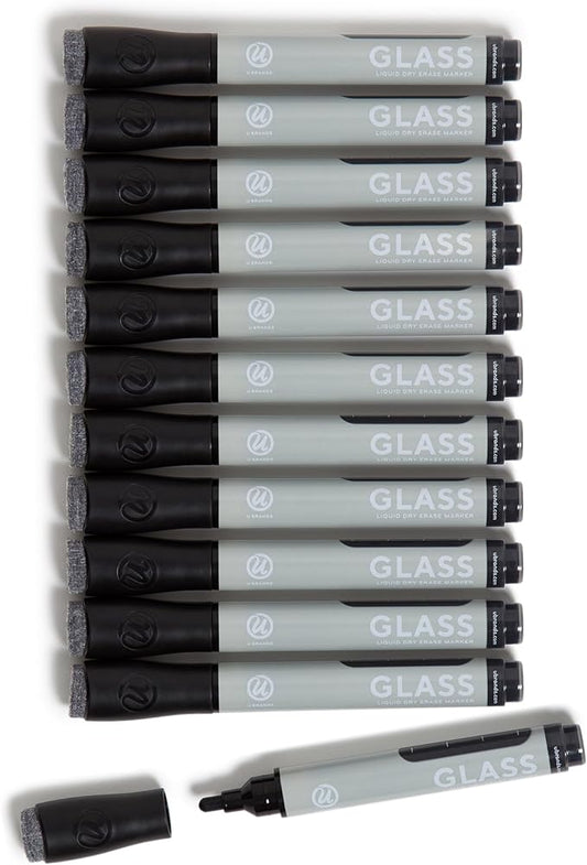 U Brands Bold Tip Liquid Glass Whiteboard Markers with Eraser for Glass Boards, Dry Erase Boards, and Chalk Boards, Black, Set of 12