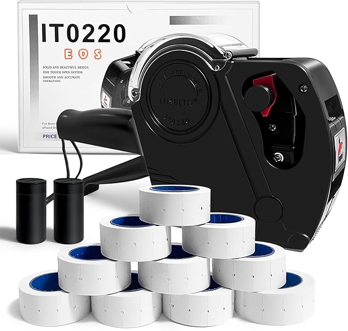 1 Line Price Gun & 8 Characters Price Tag Gun Black Pricing Gun Kit – Includes 5,000 Blank White Price Labels, 2 Ink Rollers, 1 Ink roll pre-Loaded