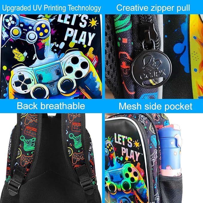 KLFVB Boys Toddler Game Backpack, Water Resistant Kindergarten Bookbag, 13" Preschool Backpacks for Toddler - Game Black