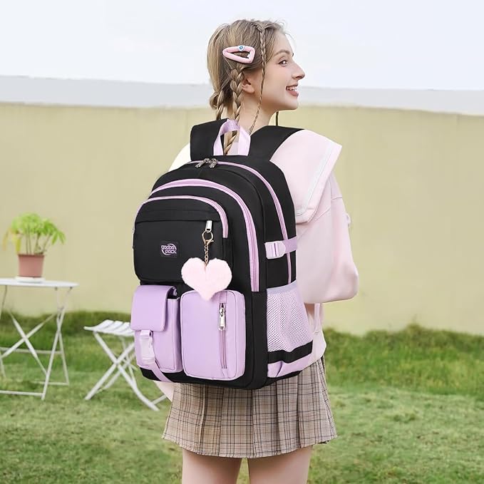 3PCS Backpack For School Women College Middle High Teen Girls Student Bookbag Waterproof Laptop Bag Black Purple