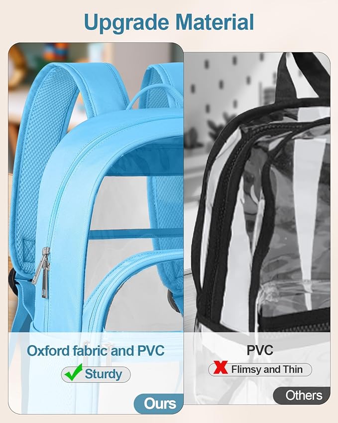 Clear Backpack, Heavy Duty Transparent Bookbag for School, Fabric & PVC Transparent Backpack with Reinforced Strap for Women Men, Capacity Clear Bag for College, Sky Blue