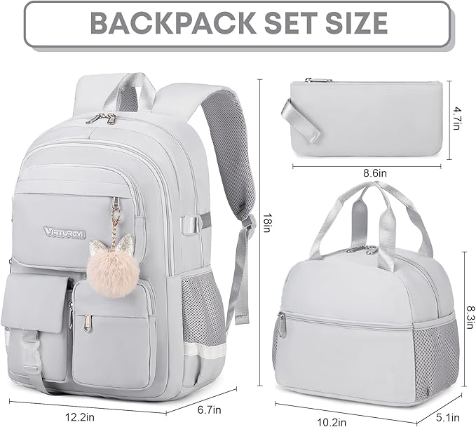 3PCS School Backpack For Student Women College Middle High Teen Girls Bookbag Waterproof Laptop Bag Grey