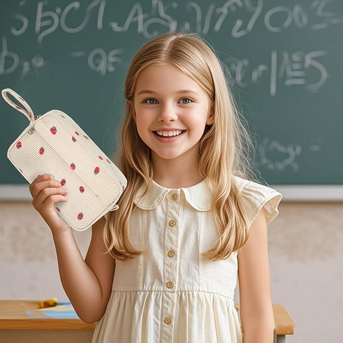 Bluboon Big Capacity Pencil Case Pencil Pouch Pen Case School Supplies Cute Pencil Box Pencil Bag for Teen Girls Boys Women Man (Strawberry Beige)