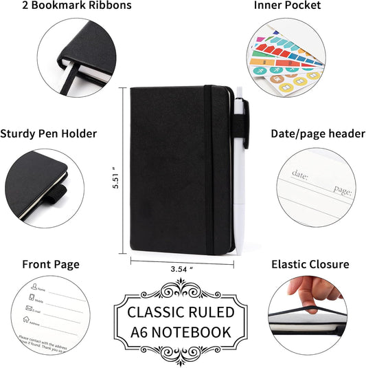 feela 3 Pack Pocket Notebook Journals with 3 Black Pens, A6 Mini Cute Small Journal Notebook Bulk Hardcover College Ruled Notepad with Pen Holder for Office School Supplies, 3.5”x 5.5”, Black