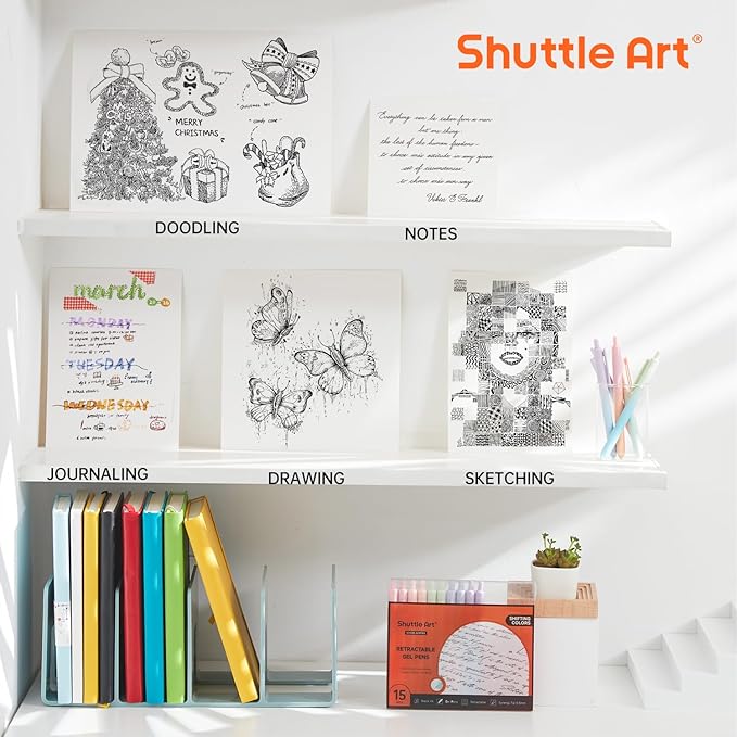 Shuttle Art Retractable Pastel Shifting Gel Ink Pens, 15 Pack Black Ink Pens, Cute Pens 0.5mm Fine Point Soft Aesthetic Barrel for Smooth Writing Journaling Taking Notes School Office Home