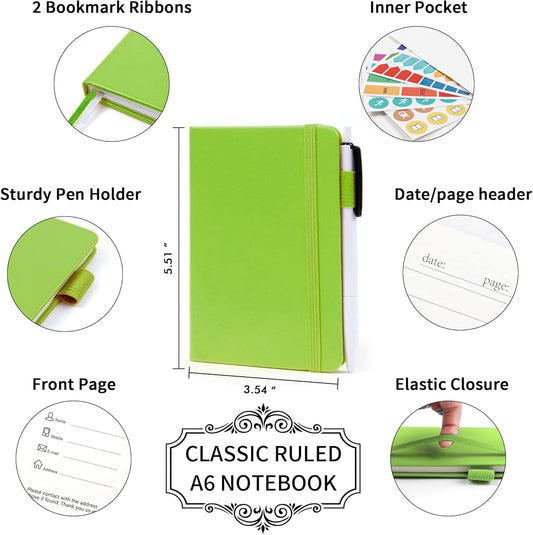 feela 3 Pack Pocket Small Notebook Journals, Mini Cute Memo Notepad Hardcover College Ruled Lined Journals with Pen Holder for Women Girls Office School, with 3 Black Pens, 3.5”x 5.5”, A6, Green