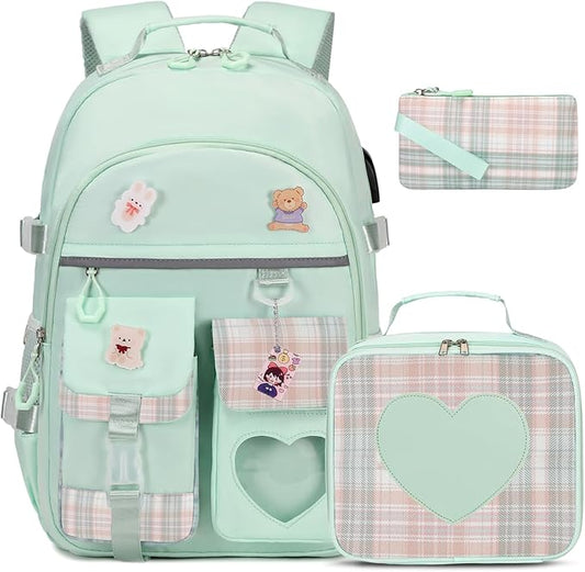 Backpack for Girls - Bookbag Backpacks Schoolbag for Girls Kids Teen Women Casual Travel Daypacks - School Bag Elementary Middle School College Cute Backpack with Lunch Box (Green)
