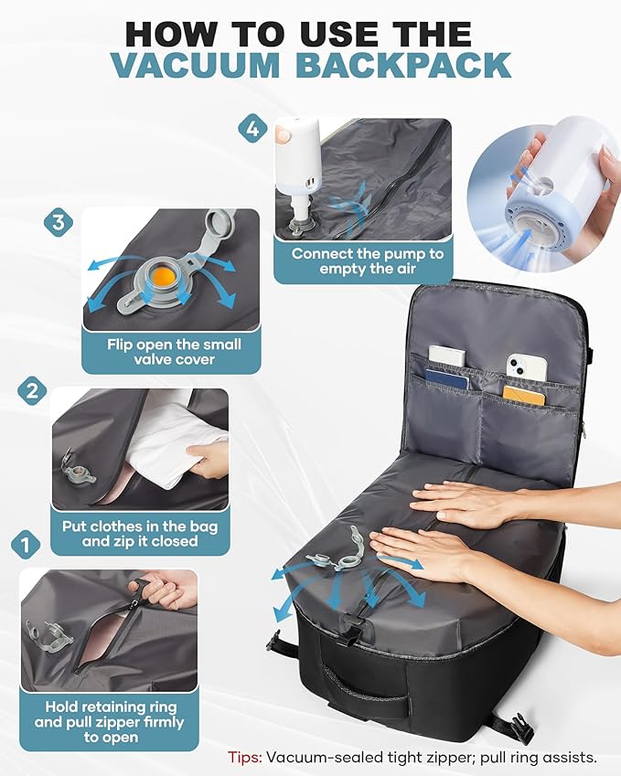coofay Large Vacuum Backpack Travel with Pump Vacpack Travel Backpack with Vacuum System Compression Backpacks for Travel Easy Vac Pack Carry on Luggage