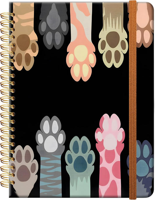 Ruled Spiral Writing Notebook,A5 Hardcover Lined College Journal for Women Lady,Fashion Puppy Watercolor Strong Twin-Wire Binding with Premium Paper,8.4" X 6",Perfect for School,Office,Home Gifts(Cat Animals Paws)