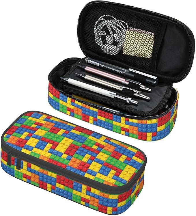 Colorful Bricks Large Pencil Case With Zipper Compartments Stationery Pencil Bag For Kids Teens Students School Supplies