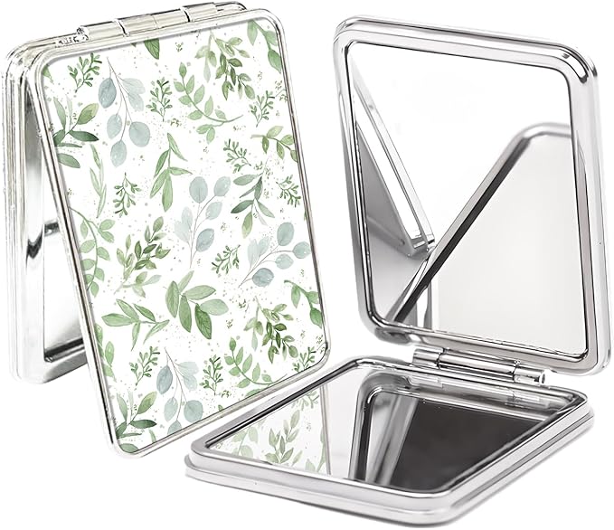 Compact Pocket Mirror, Cute Travel Mini Mirror with Magnification, Foldable Double-Sided Portable Cosmetic Mirror for Men, Women Spring Green Leaf
