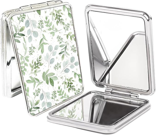 Compact Pocket Mirror, Cute Travel Mini Mirror with Magnification, Foldable Double-Sided Portable Cosmetic Mirror for Men, Women Spring Green Leaf
