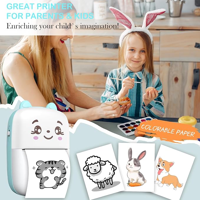Mini Sticker Printer, Inkless Sticker printer with 5 Rolls Pape, Bluetooth Smart Pocket Printer Compatible with iOS & Android, Portable Thermal Printer for PicturesRetro-Style PhotosReceiptsNotes