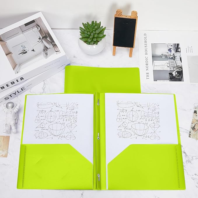 Lincia 100 Pcs Plastic Folders With 2 Pockets and Prongs for Office, School, Students, Teachers, Office Workers (Fluorescent Green)
