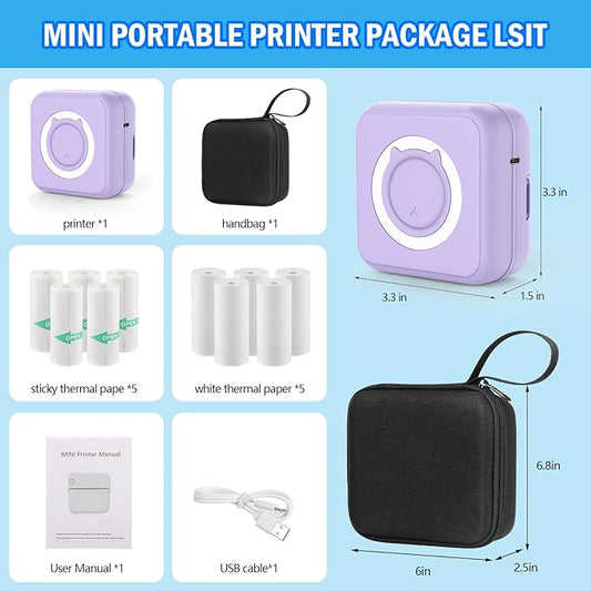 Purple Mini Pocket Printer with Black Case, Thermal Printer with 10 Rolls Thermal Paper, Mini Portable Photo Printers for Travelling, Journal, Memo, Photo, Study Notes, Shopping Lists