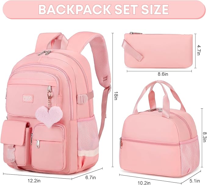 3PCS School Backpack For Student Women College Middle High Teen Girls Bookbag Waterproof Laptop Bag Pink