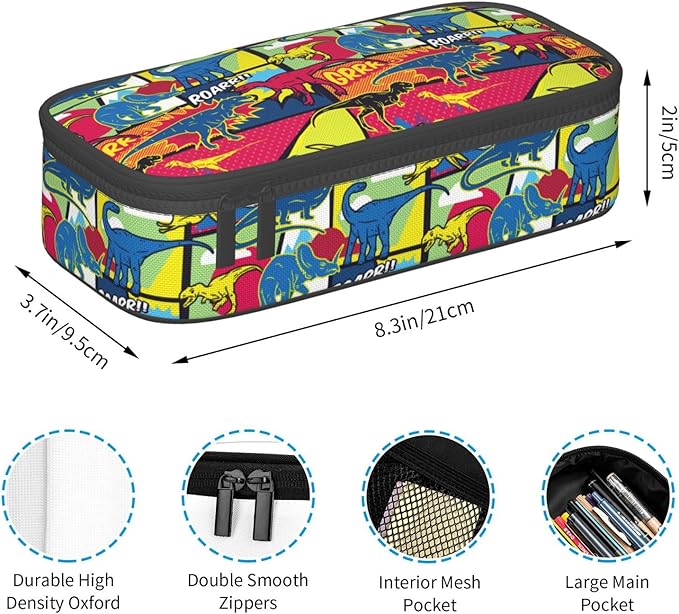 Cartoon Dinosaur Large Pencil Case With Zipper Compartments Stationery Pencil Bag For Kids Teens Students School Supplies