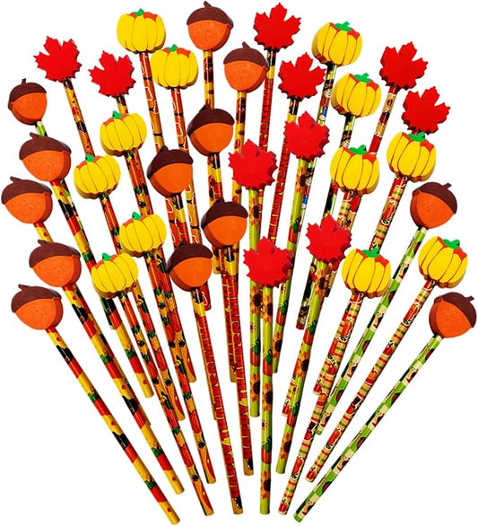 Fall Pencils Thanksgiving Pencil Halloween Pencils with Giant Maple Leaves Pumpkins Scarecrow Eraser Fall Stationery Pencil for Thanksgiving Party Favor(36)