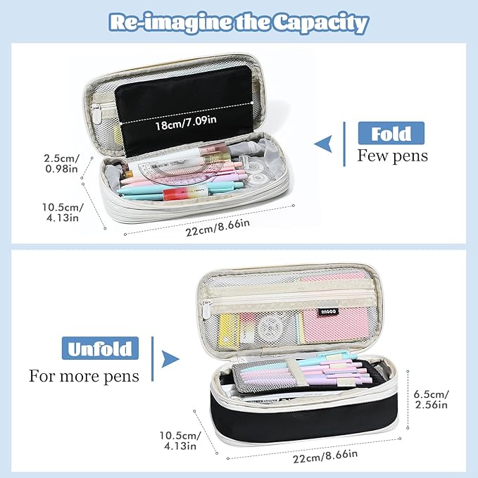 MoKo Large Capacity Pencil Case, Aesthetic Pencil Pouch Bag with Zipper, Cute Pen Case Stationery Organizer Holder for Office/School Supplies, Back to School Gift, Black