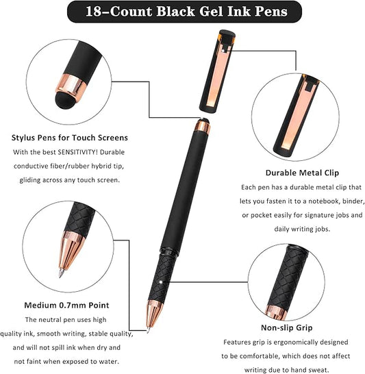 Linbsunne Black Gel Pens 0.7mm Medium Point Pen Office Pens 2-in-1 Stylus Pens for Touch Screens Gel Ink Rollerball Pens for Writing (18 Pack-black)