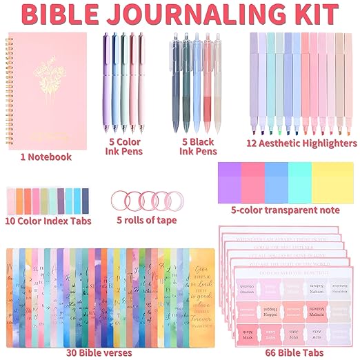 Bible Study Supplies,Bible Journaling Kit for Women,Bible Study Kit with Pens,Highlighters,Tabs,Bible Bookmark,Notebook,Sticky Notes,Bible Accessories,Beginner Christian Gifts