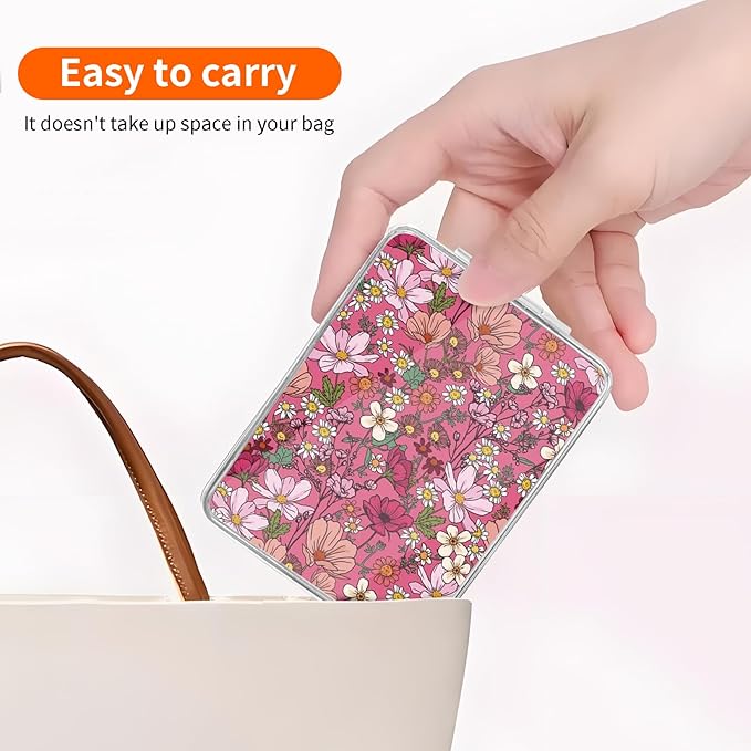Compact Pocket Mirror, Cute Travel Mini Mirror with Magnification, Foldable Double-Sided Portable Cosmetic Mirror for Men, Women Pink Cute Flower