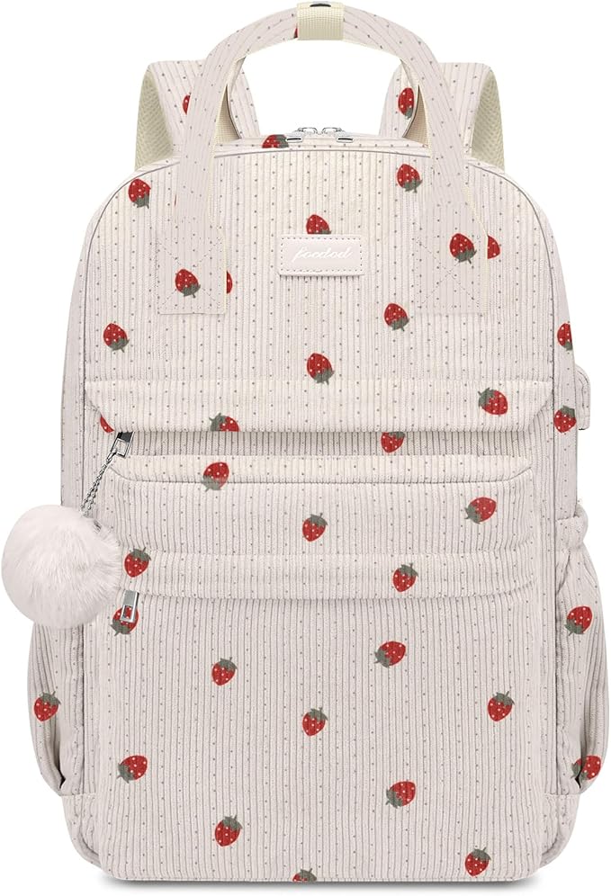 School Backpack for Girls Laptop Bookbag: Casual Corduroy Women Backpacks with USB Charging Port TSA Friendly Travel Back Pack with Anti-Theft Pockets Cute College Daypack for Teen Students Strawberry
