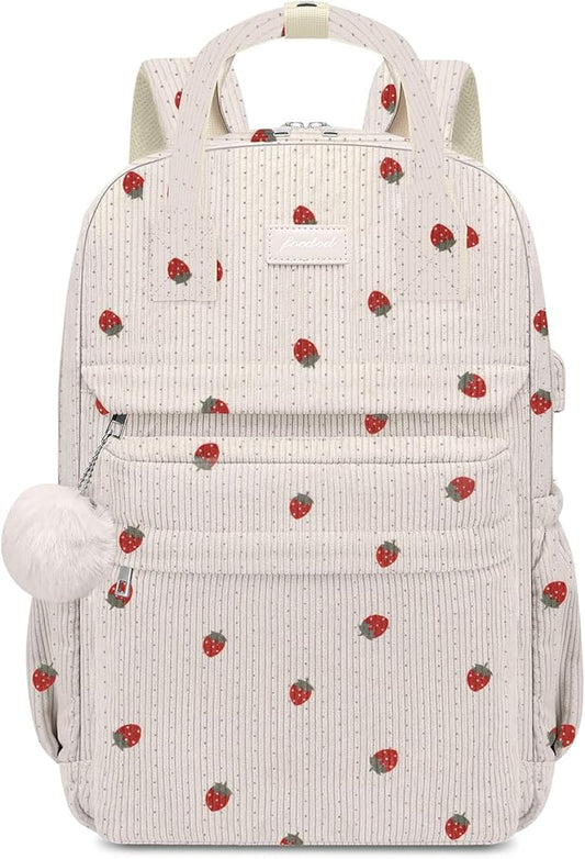 School Backpack for Girls Laptop Bookbag: Casual Corduroy Women Backpacks with USB Charging Port TSA Friendly Travel Back Pack with Anti-Theft Pockets Cute College Daypack for Teen Students Strawberry