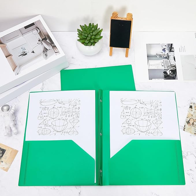 Lincia 100 Pcs Plastic Folders with Pockets and Prong Folders with Prongs 2 Pockets for Office, School for Students, Teachers, Office Workers(Green)