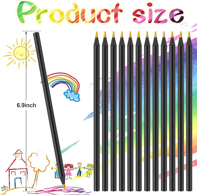 TINNIVI Art Supplies for Kids, 7 Color Black Wooden Rainbow Colored Pencils, Pre-sharpened, Multicolored Core, with Sharpener, for Coloring Books, Drawing, Sketching, 24pcs