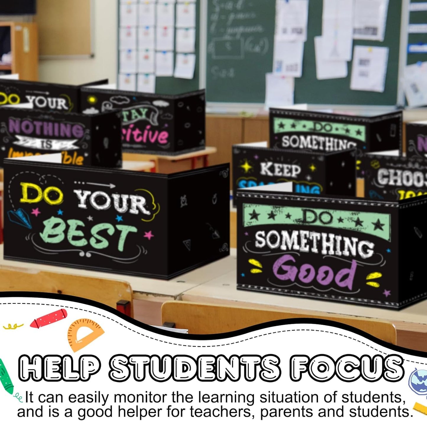 Honoson 24 Pcs Bulk Inspirational Privacy Folders for Students Cardboard Test Privacy Boards Motivational Words Desk Dividers Shield for Classroom School Study Supplies, 6 Styles(Blackboard)