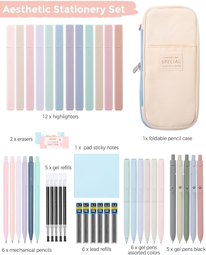 SKYDUE Cute School Supplies 44 PCS, Aesthetic Pencil Case with 12 Pastel Highlighters, 5 Black Gel Pens, 6 Color Gel Pens & Mechanical Pencils, College Essentials Students Stationary Set Blue