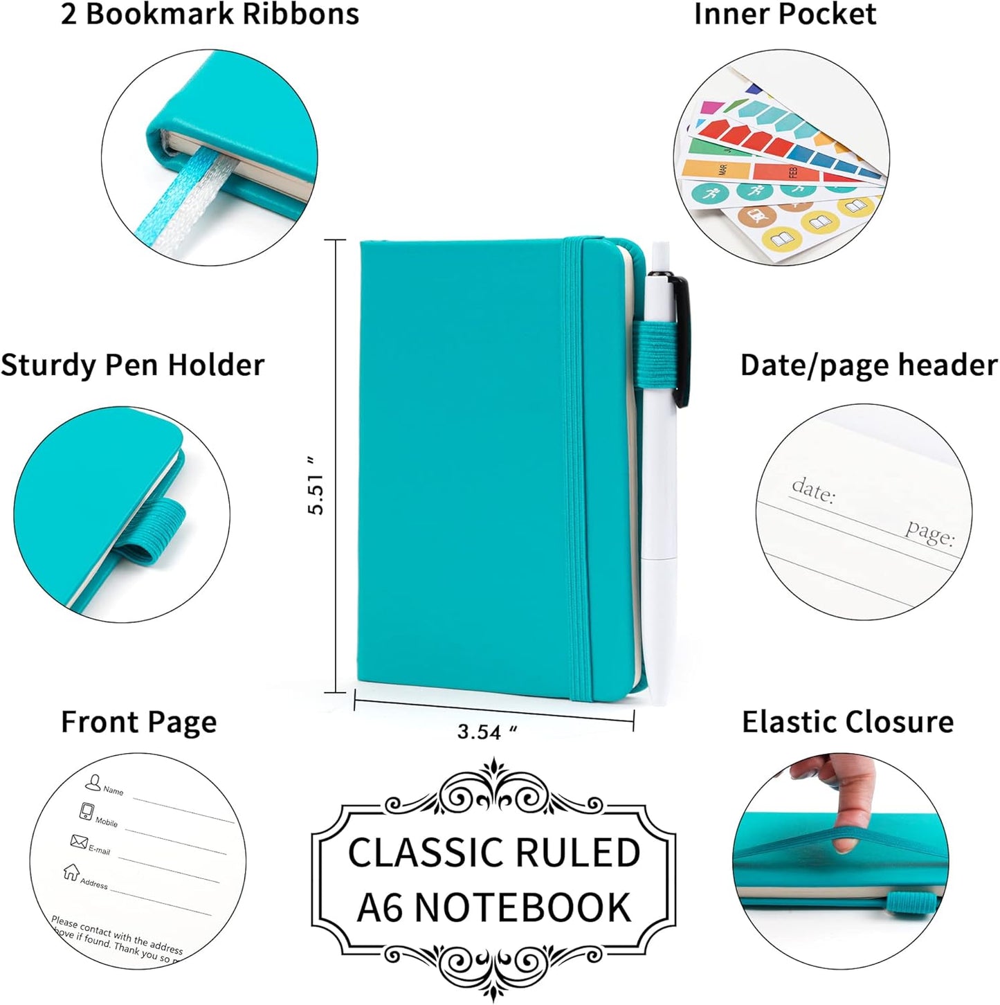 feela 3 Pack Pocket Notebook Journals with 3 Black Pens, A6 Mini Cute Small Journal Notebook Bulk Hardcover College Ruled Notepad with Pen Holder for Office School Supplies, 3.5”x 5.5”, Emerald