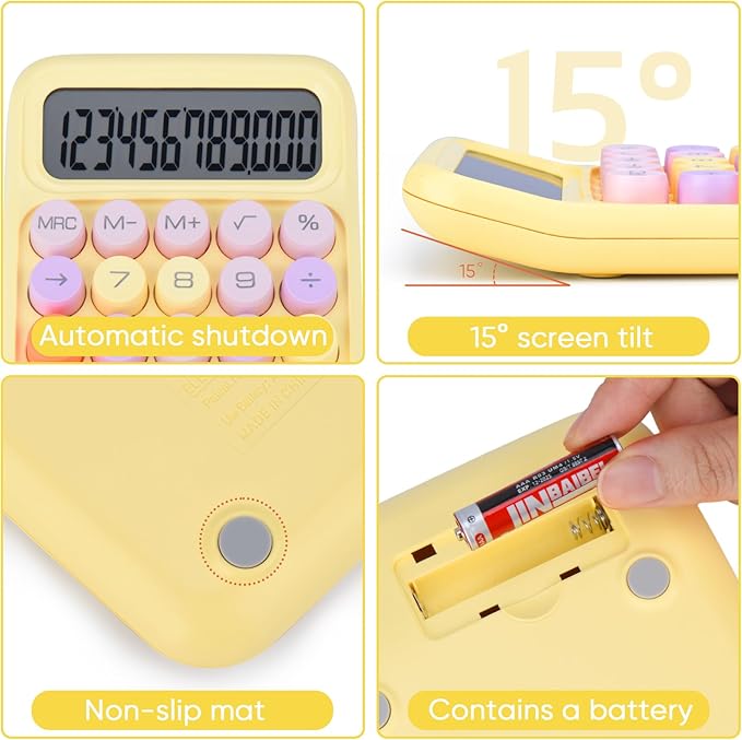 Mechanical Pushbutton Calculator,12 Digit Large LCD Display,Big Buttons Easy to Press,Colorful Candy Calculator,Automatic Sleep,with Battery.for Office,School, Home. (Yellow)