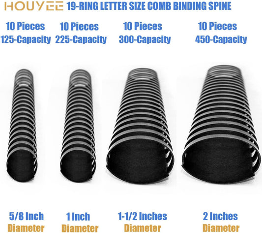 HOUYEE 40 Pack Multi-Size Ring Binding Combs: 5/8 Inch, 1 Inch, 1-1/2 Inch, Letter Size Black Plastic Spines