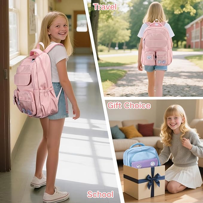 VASCHY Backpack for Girls, Cute School Bag Bookbag for Elementary Middle Schooler Teen Girls/Kids Travel with Clear Pin Pouch Pink