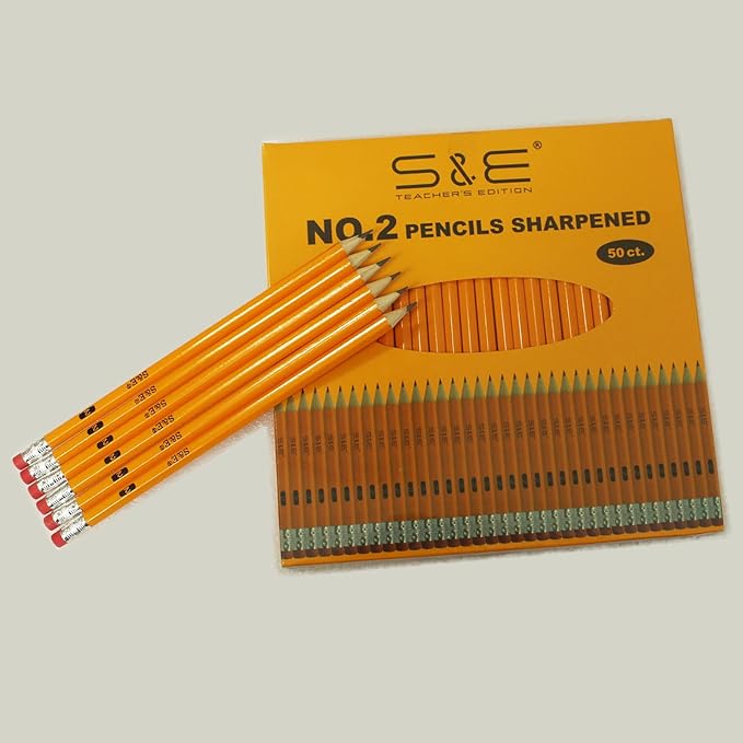 S & E TEACHER'S EDITION Wood-Cased #2 Pencils 50Pcs, Pre-Sharpened Pencils with Top Erasers, Yellow, HB Lead, for School Teacher Supplies, Writing, Drawing and Sketching, 50 Count.