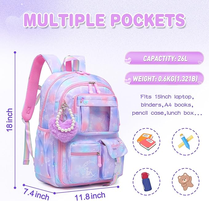 Sweet Girls Backpack - Stylish Splash-resistant School Bag with Multiple Pockets & Trendy Laptop Compartment（17inch Purple）