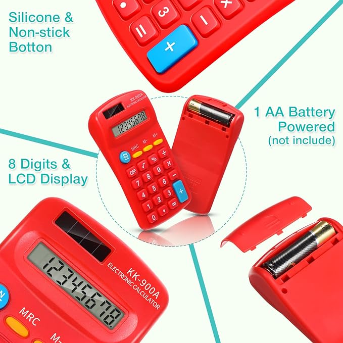 30 Pack Pocket Calculator Small Battery Powered Bulk Mini Size 4 Function Hand Held Basic Calculator for Students Kids School Home Office(Green, White, Red, Yellow, Blue, Black)