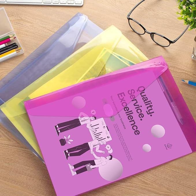 Sooez 12 Pack Plastic Envelopes Poly Envelopes, HeavyDuty File Folders, Clear Folders with Pockets, Folders for Documents Letter A4 Size, Filing Folders, Travel Bags, Office School Paper Storage
