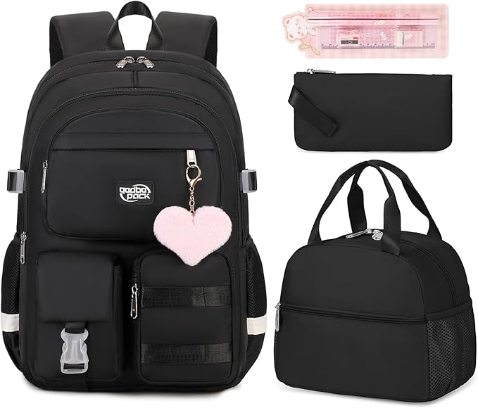 3PCS Student Backpack For School Women College Middle High Teen Girls Bookbag Waterproof Laptop Bag Black