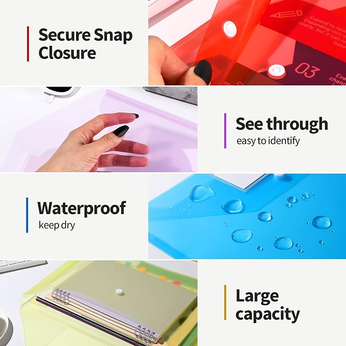 LEOBRO File Folders for Documents, 4 Pcs Plastic Folders with Pocket, Plastic Envelopes with Snap Closure, Reusable File Bags, for School & Office, A4 Size