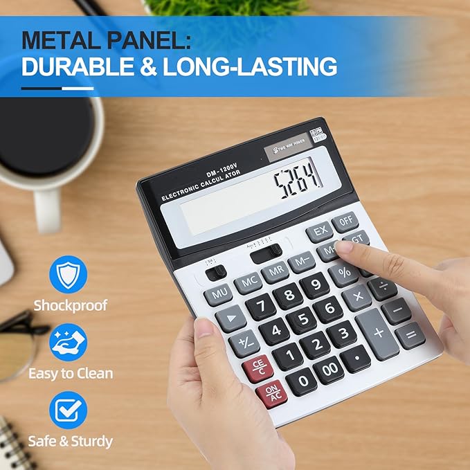 Calculator, 12-Digit Large LCD Display Desktop Calculators, Big Button with Dual Power (Solar & Battery), Standard Function for Office/School/Home Use