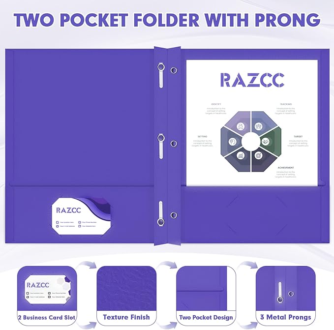 Two Pocket Folders, RAZCC 50 Pack Two Pocket Folders with Prongs, 3 Prong Folders Fit Letter Size Paper, Pocket File Folders for School Office Home Business, Purple