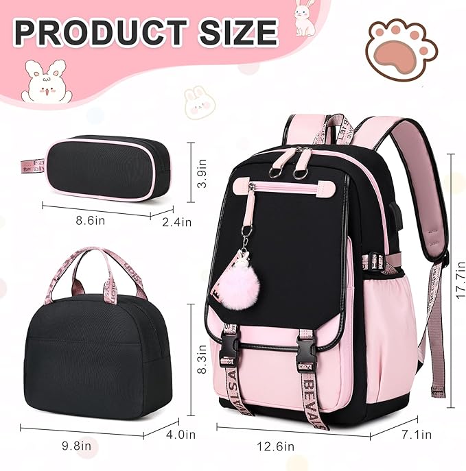 Bevalsa School Backpack for Girls, Backpack with Lunch Box & Pen Case, Bookbag for Girls Kids Elementary Middle High School Student 21L Children Schoolbag